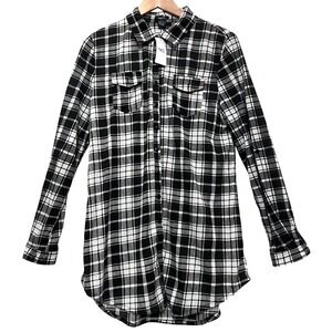 NWT Rue 21 Womens Plaid Long Sleeve Button Up Shirt Dress‎ Tunic Black White L
